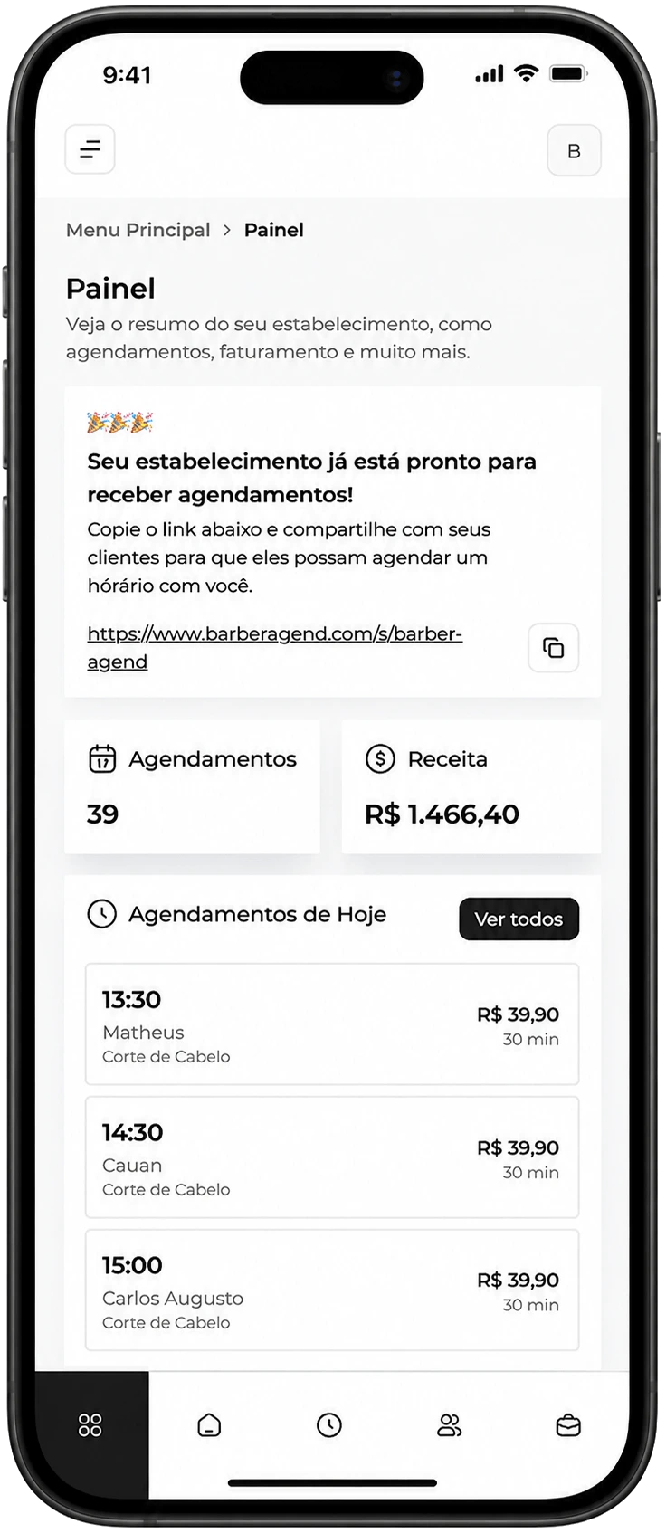Tela do app BarberAgend mostrando a agenda de uma barbearia no celular